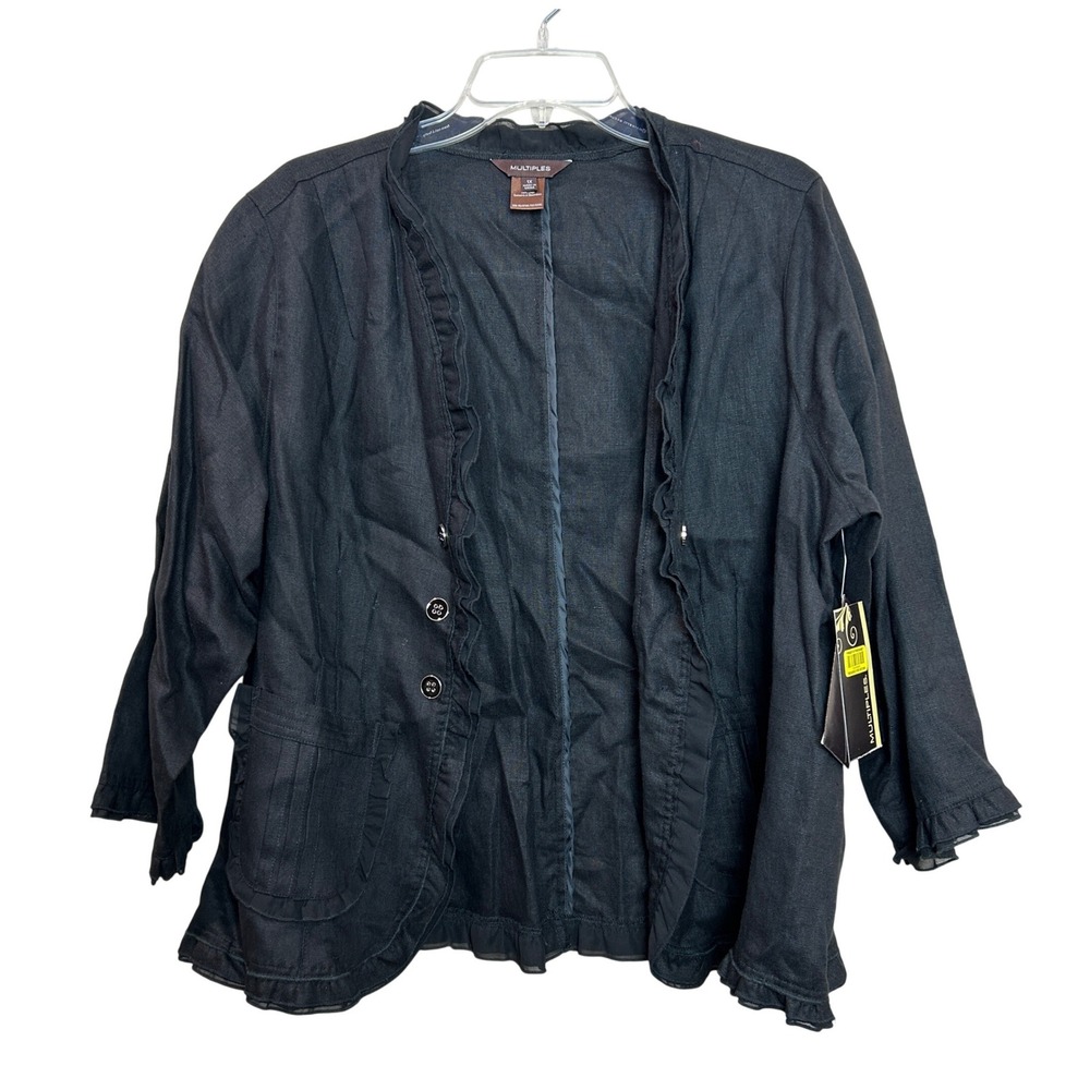 Multiples Linen Jacket Womens 1X Black Ruffle NWT Lagenlook Coastal Minimalist